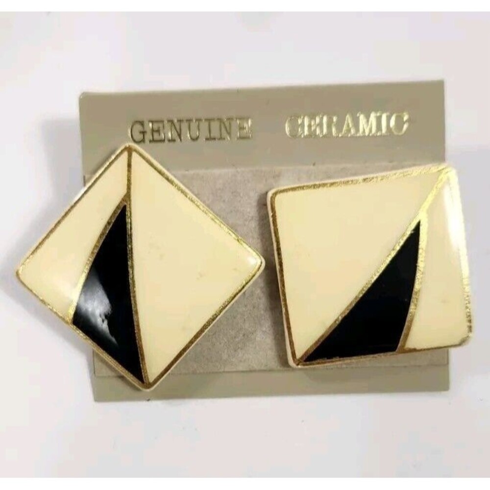 Vintage Genuine Ceramic Art Deco FA Style Black And White Pierced  Earrings NEW!